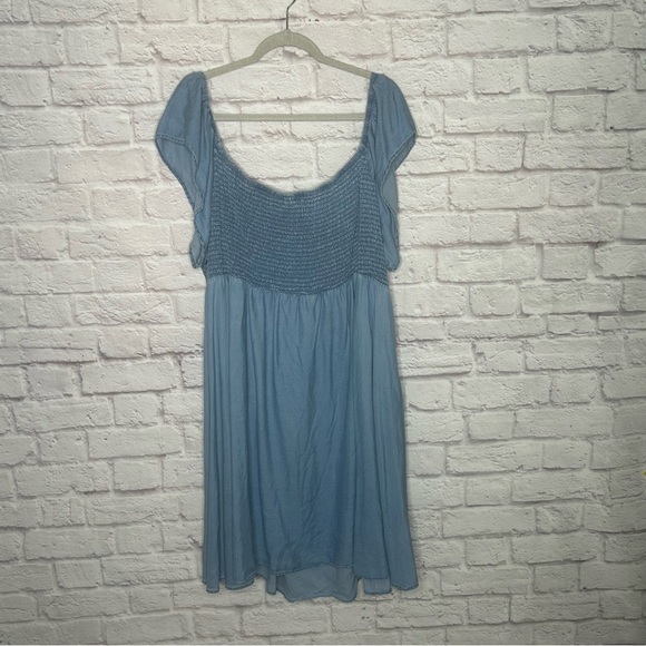 Torrid Blue Chambray Off-Shoulder Smocked Skater Dress - Picture 5 of 12
